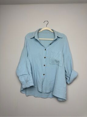 Light Blue Button-Up Cotton Gauze Blouse
